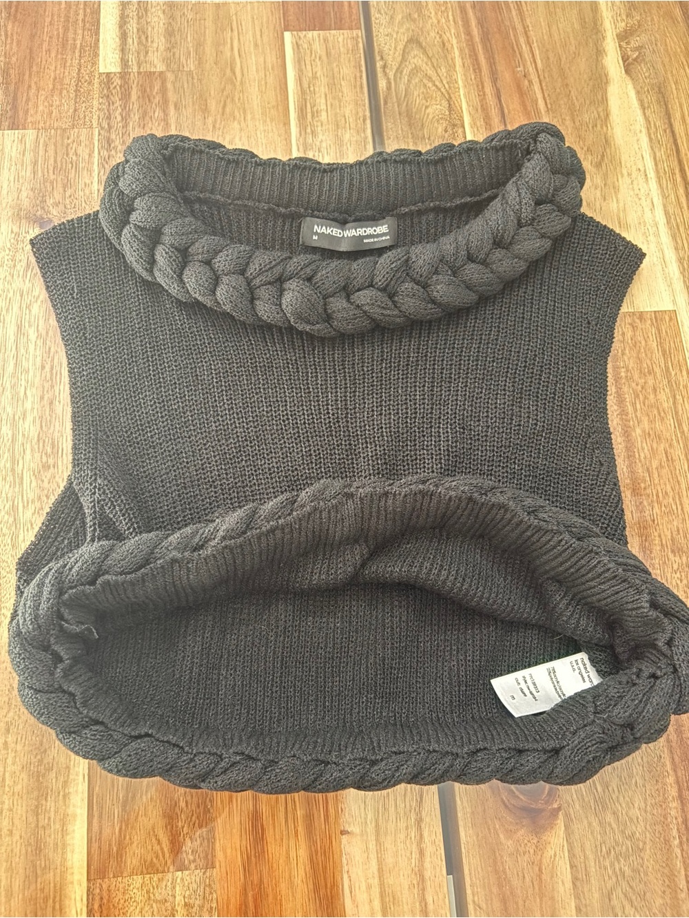 NWOT Naked Wardrobe Sz M Black Rib Knit Braid Trim Crop Top Sheer - Picture 11 of 12
